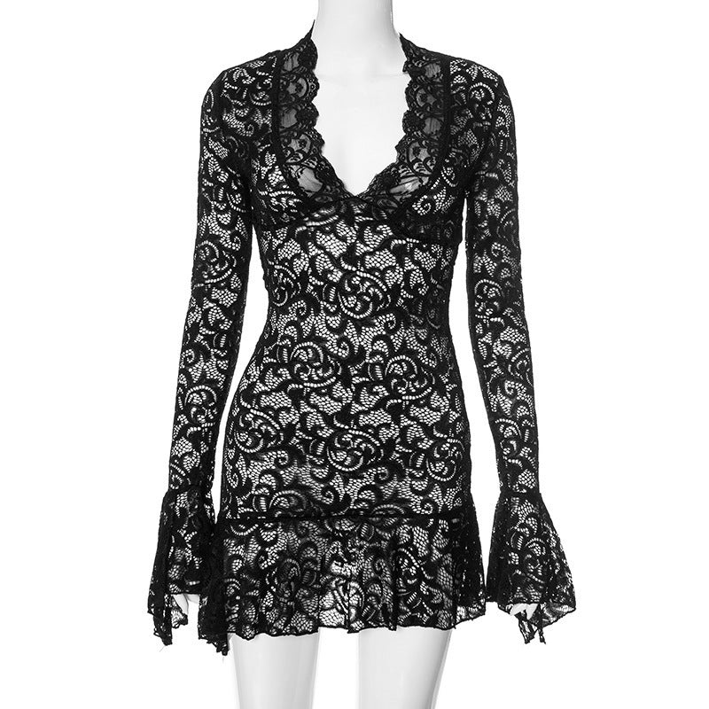 Damen Spitzenkleid mit raffinierten Ärmeln und elegantem V-Ausschnitt Drune