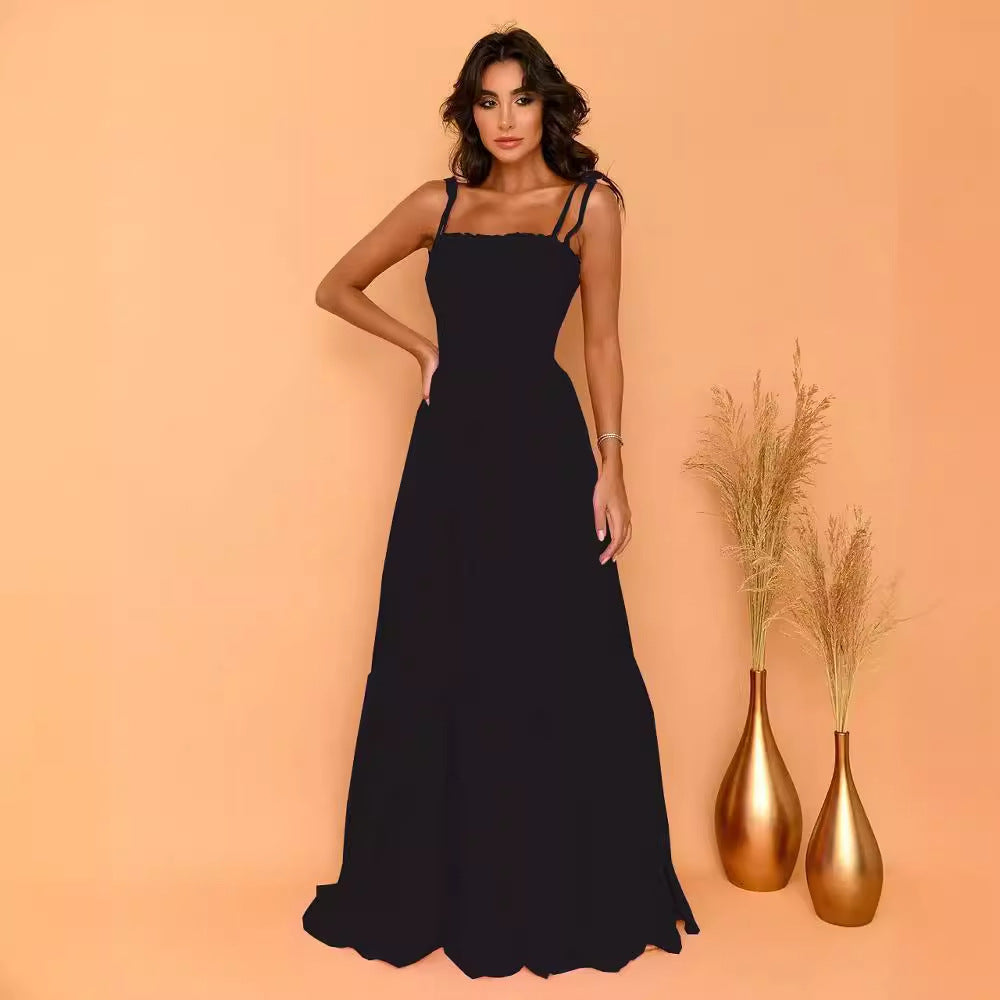 Damen luftiges Maxikleid mit Spaghetti-Trägern und Rüschendetails Drune