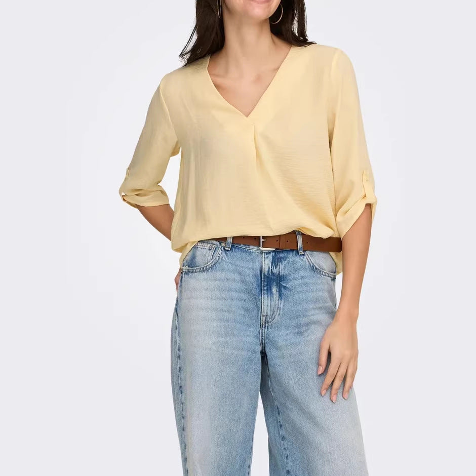 Damen luftige Bluse mit V-Ausschnitt und hochrollbaren Ärmeln Drune