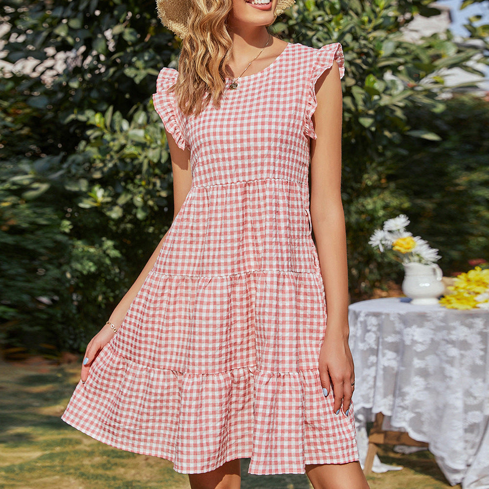 Damen ärmelloses Karo-Kleid mit ausgestelltem Rock Drune