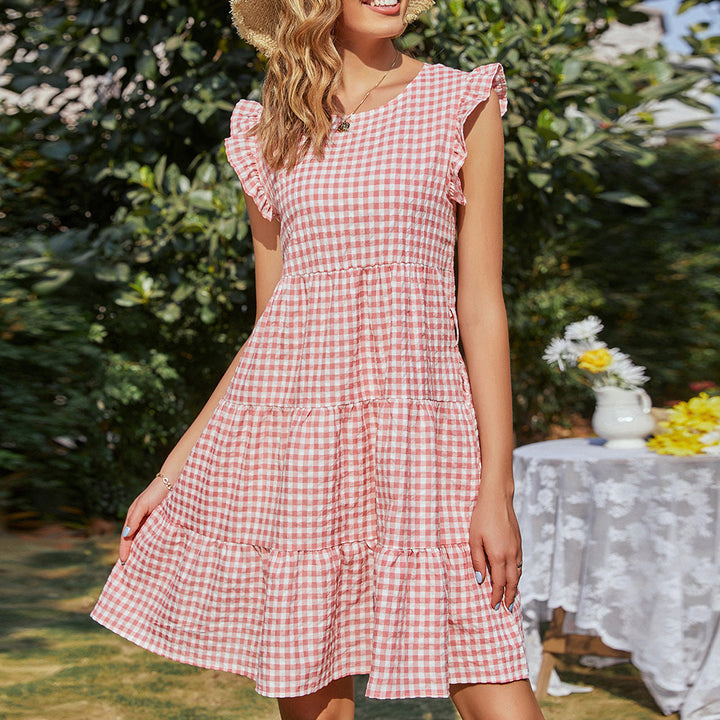 Damen ärmelloses Karo-Kleid mit ausgestelltem Rock Drune