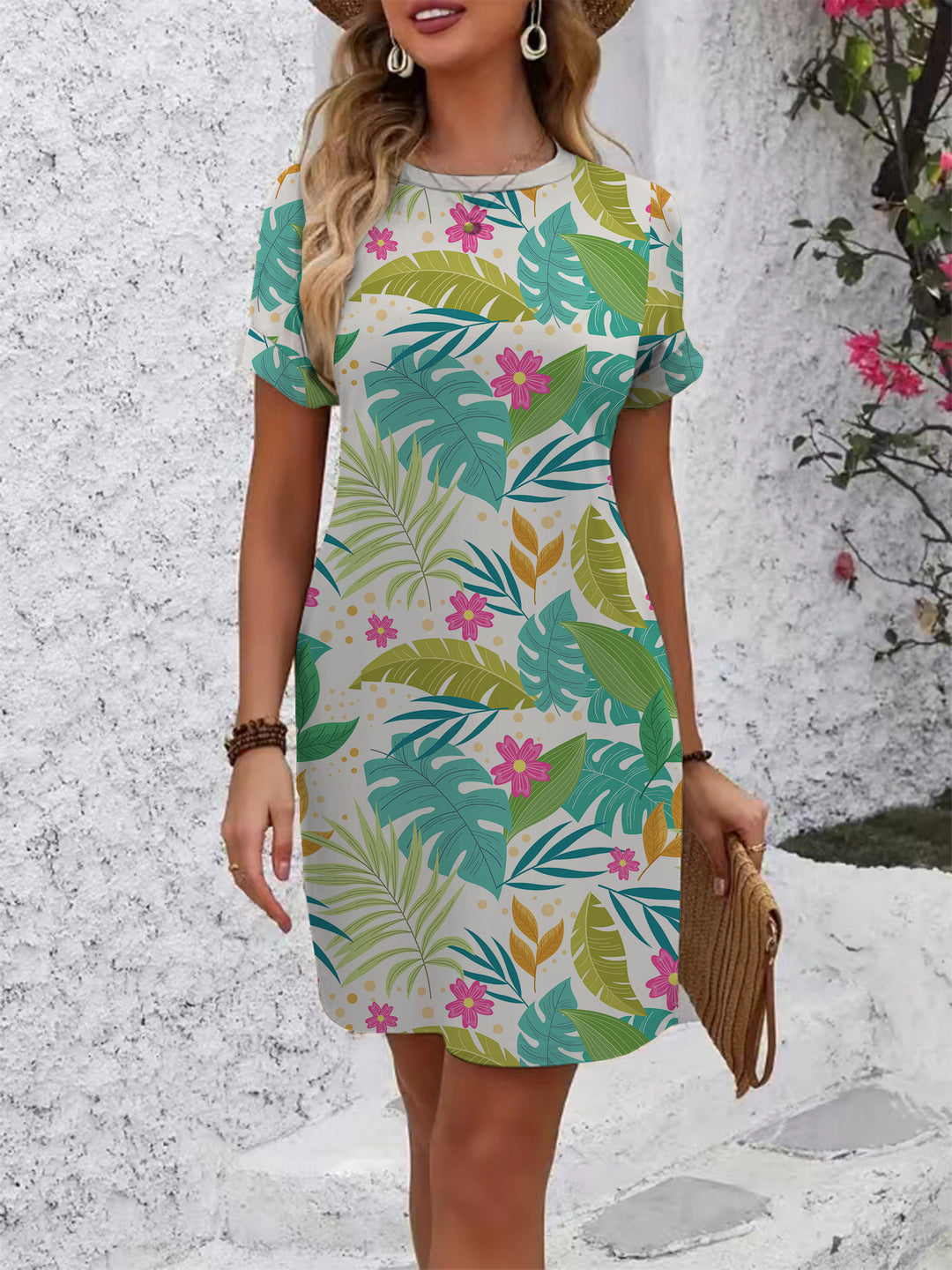 Damen lässiges Kurzarmkleid mit modernem Hahnentrittmuster und bequemer Passform Drune