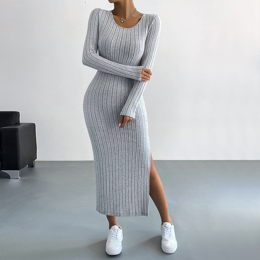 Damen Strickmaxikleid mit langen Ärmeln und seitlichem Schlitz Drune