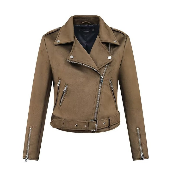 Damen stylische Bikerjacke im eleganten Wildleder-Look mit praktischen Taschen Drune
