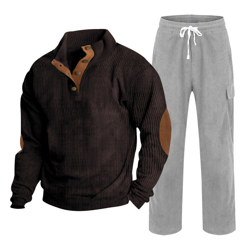 Herren nan strukturiertes Feinstrick-Halbknopf-Pullover und Feincord-Cargo-Zweiteiler Drune