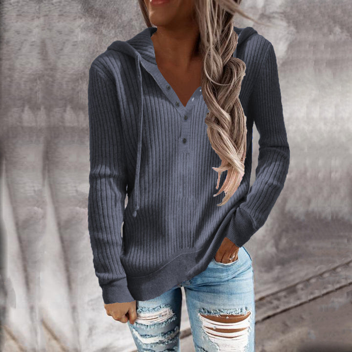 Damen Bequeme gestreifte Kapuzenpullover mit Knopfleiste Drune