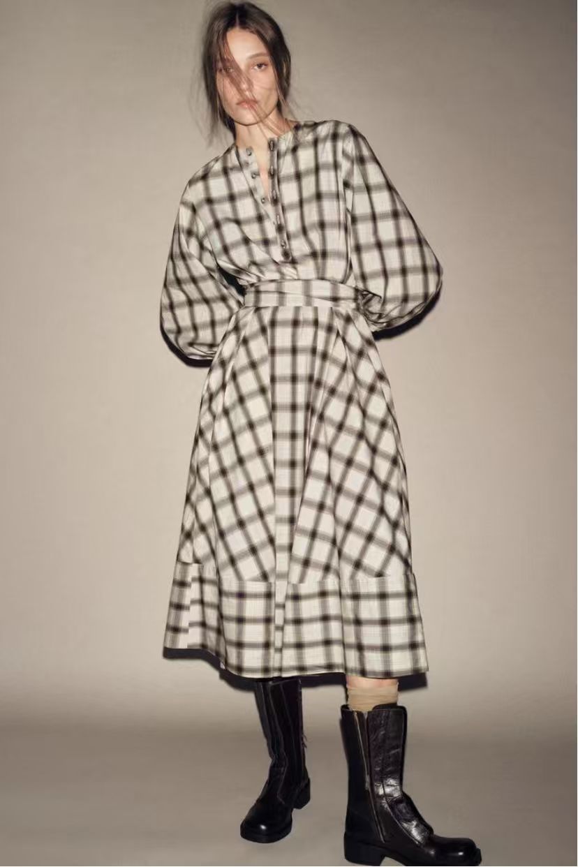 Damen Karierte Maxikleid mit Taillengürtel Drune