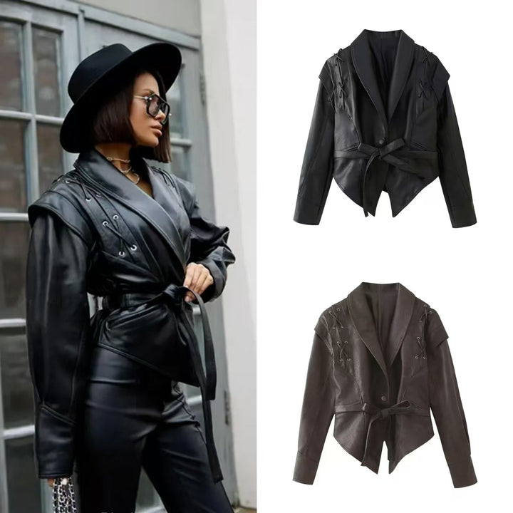 Damen modische Kunstlederjacke mit stilvollem Gürteldetail und elegantem Design Drune