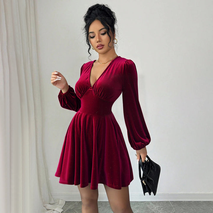 Damen Kurzarm Kleid mit eleganten Puffärmeln und V-Ausschnitt Drune