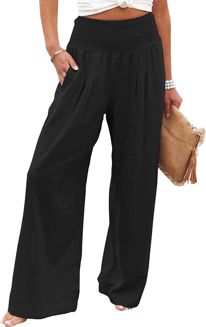 Damen lässige Palazzo-Hose mit elastischem Taillenbund und Seitentaschen Drune