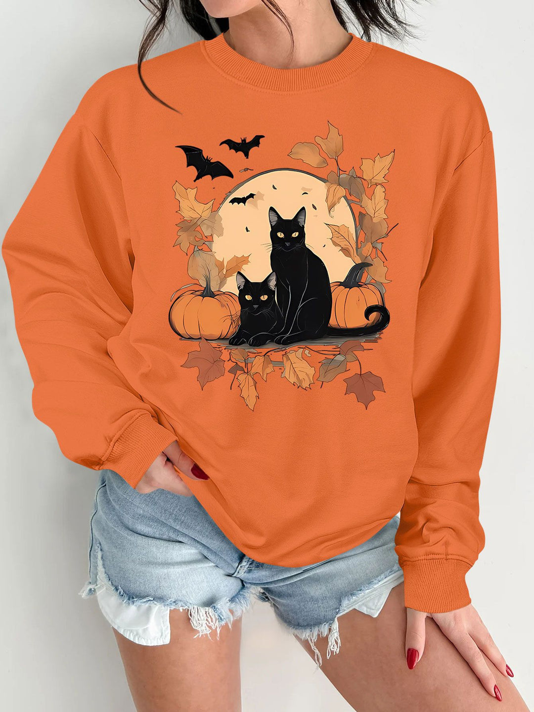 Damen Sweatshirt mit herbstlichem Katzen- und Kürbisdesign Drune