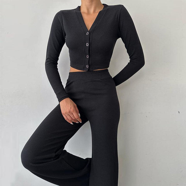 Damen bequemes und modisches Lounge-Set mit Knopfleiste und weitem Bein Drune