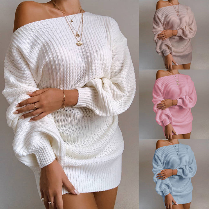 Damen Strickkleid mit schulterfreiem Design und voluminösen Ärmeln Drune