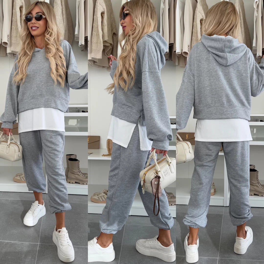 Damen Freizeit Hoodie und Jogginghose Set mit kurzem Schnitt und elastischen Bündchen Drune
