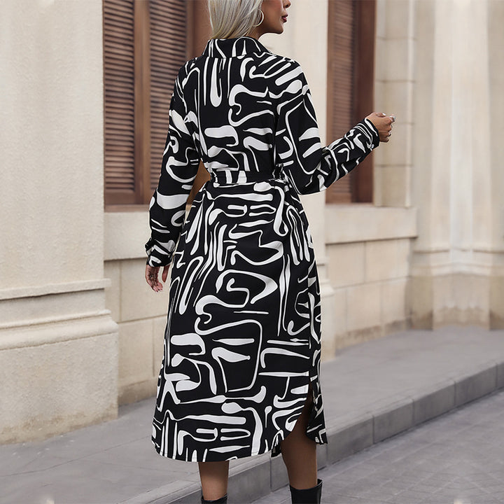 Damen Langarmhemdkleid mit modernem Muster und Taillengürtel Drune