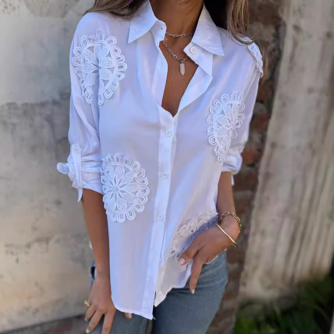 Damen Elegante Bluse mit kunstvollen Spitzenapplikationen Drune
