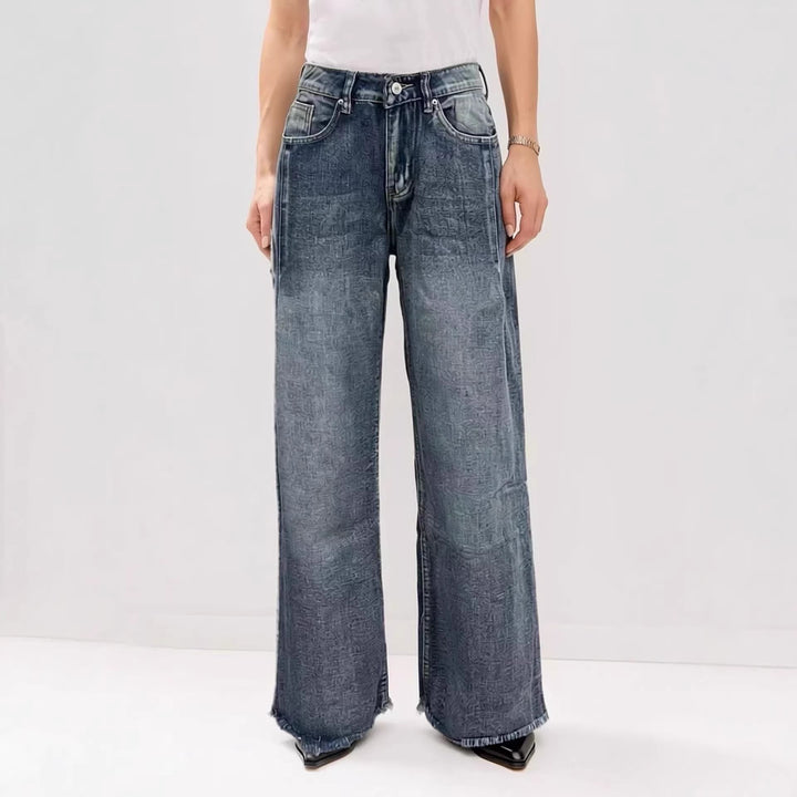 Damen weite Denim-Jeans mit kreativem Muster und fransigem Saum Drune