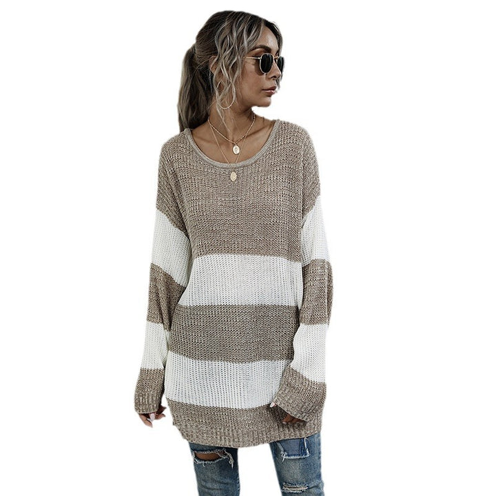 Damen lockerer Strickpullover mit breiten Streifen Drune