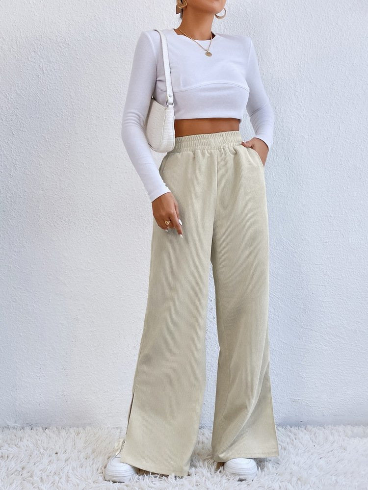 Damen Weite Cord-Hose mit elastischem Bund und seitlichen Schlitzen Drune