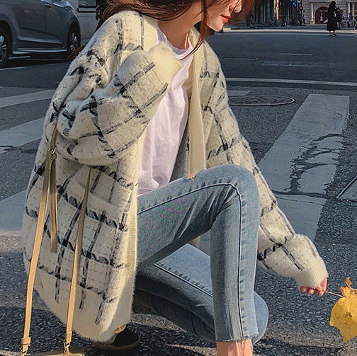 Damen Kuscheliger Oversized-Strickcardigan mit Karomuster Drune