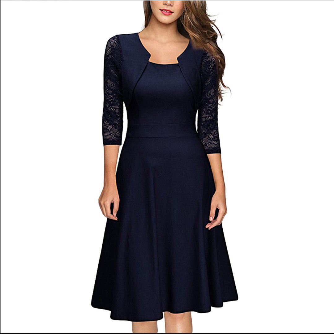 Damen Midi-Kleid mit Spitzenärmeln und schwingendem Rock Drune