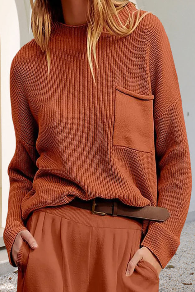 Drune Entspanntes Langarm-Taschen-Strick-Sweatshirt