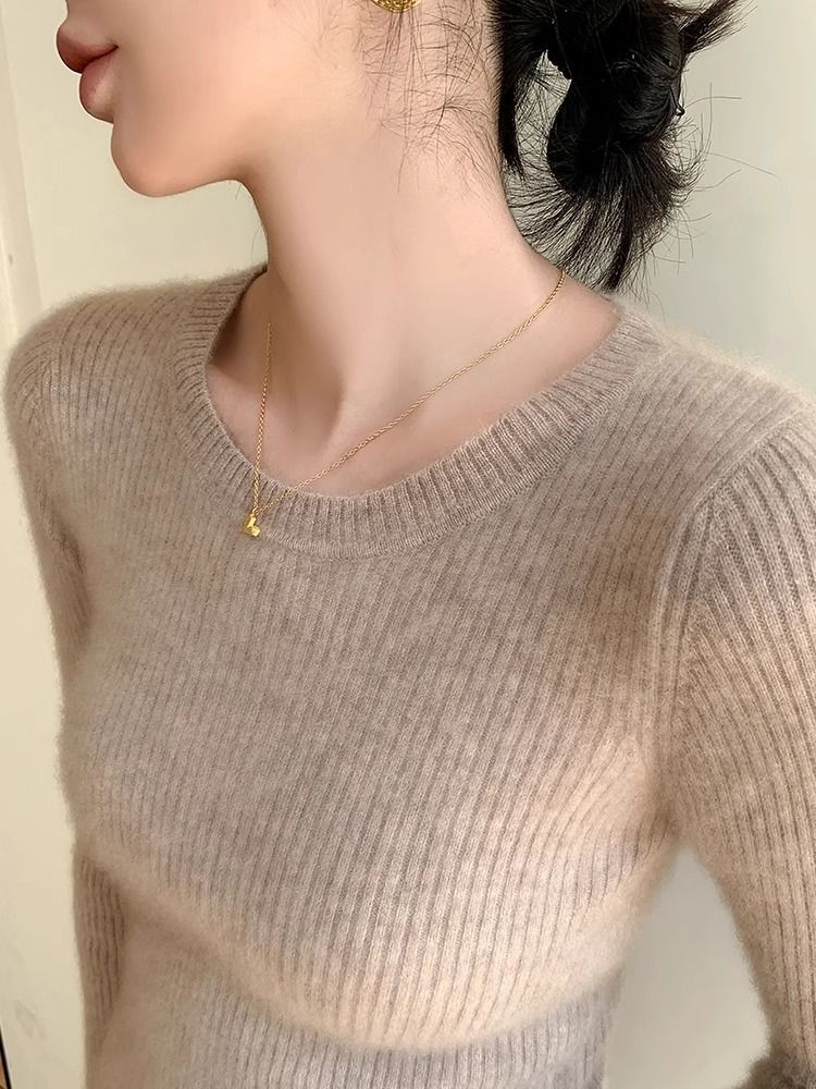 Damen feiner Rippstrickpullover mit Rundhalsausschnitt Drune