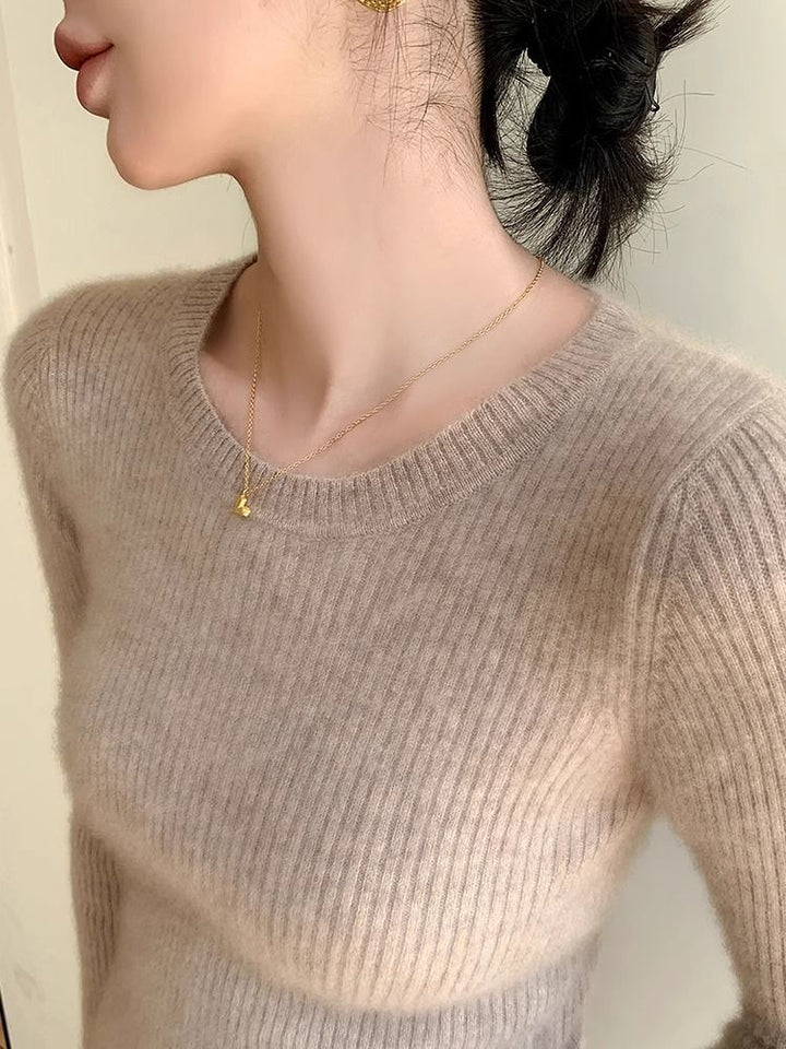 Damen feiner Rippstrickpullover mit Rundhalsausschnitt Drune