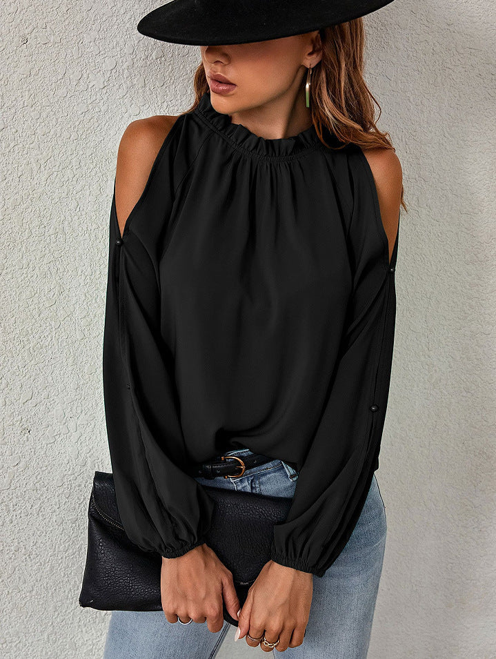 Damen schickes Oberteil mit schulterfreien Einsätzen und eleganten Rüschendetails Drune