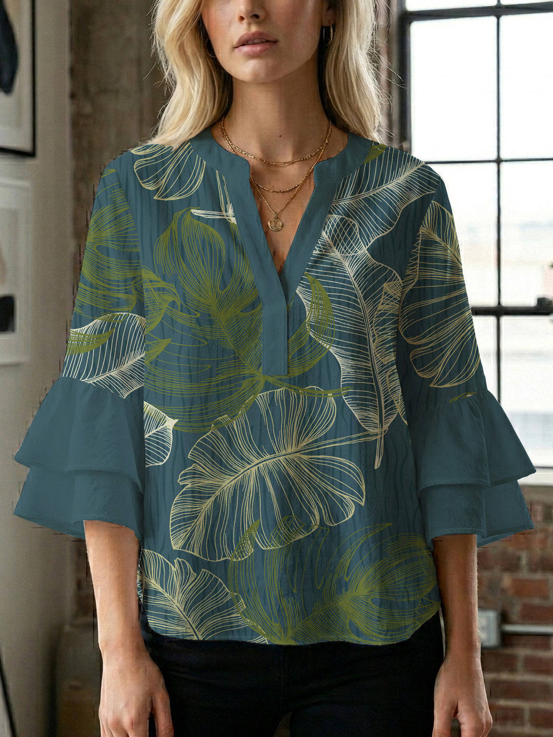 Damen Bluse mit voluminösen Rüschenärmeln und floralem Druck Drune
