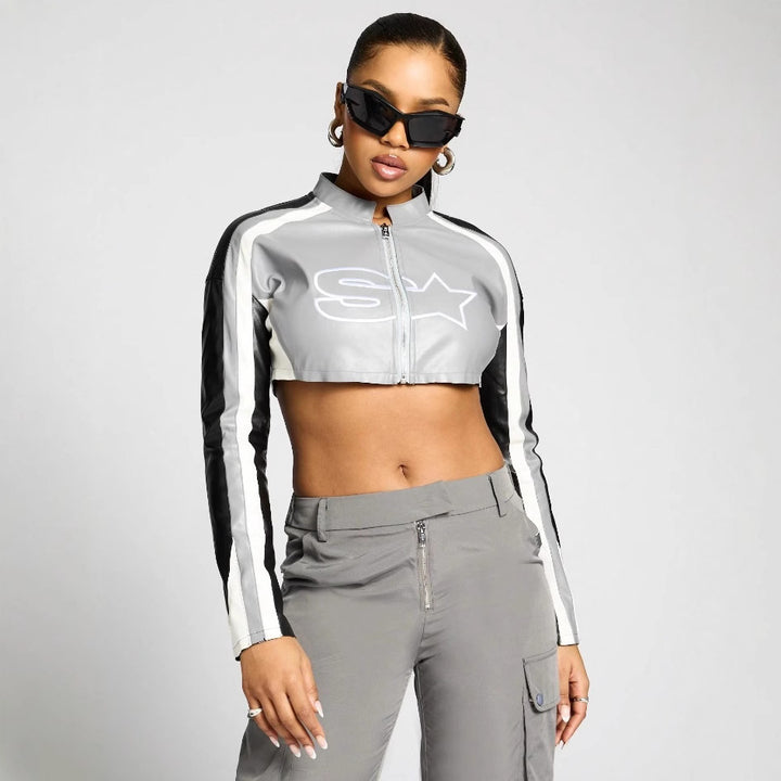 Damen cropped Sportjacke mit stylischem Reißverschluss und kontrastierenden Streifen Drune