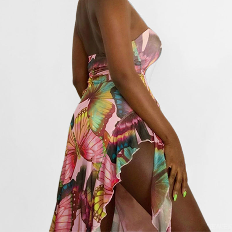Damen Strandkleid mit asymmetrischem Schnitt und buntem Schmetterlingsdesign Drune