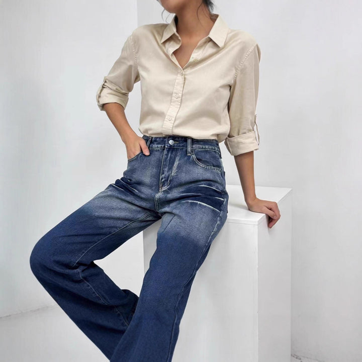 Damen weite hochgeschnittene Jeans mit besonderem Waschungseffekt Drune