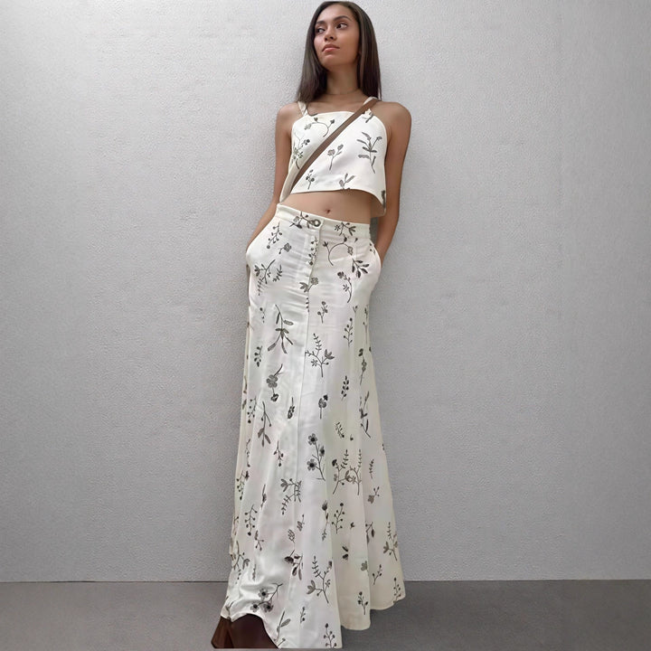Damen Crop-Top und Maxirock Set mit floralem Muster Drune
