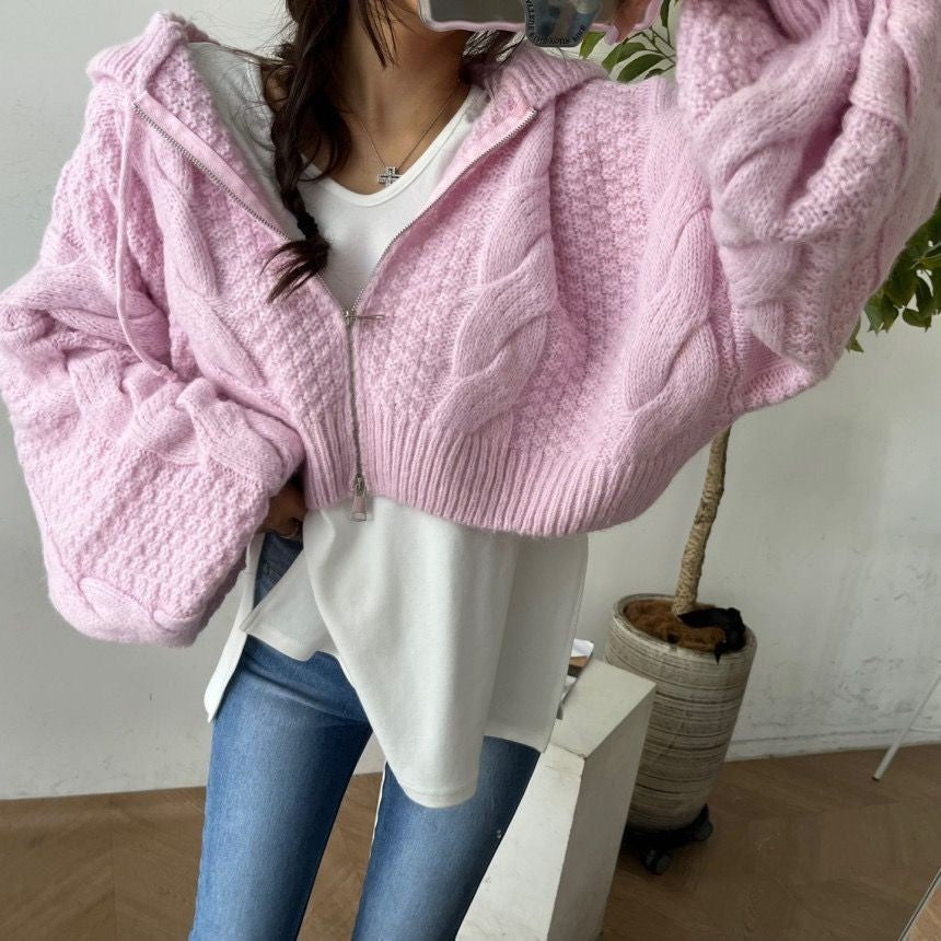 Damen Kurzer Strickpullover mit Zopfmuster und Kapuze Drune