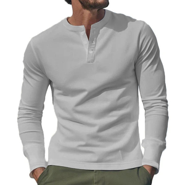 Herren nan langärmeliges Henley-Longsleeve mit Stehkragen, 3-Knopfleiste und elastischem Baumwollstretch Drune