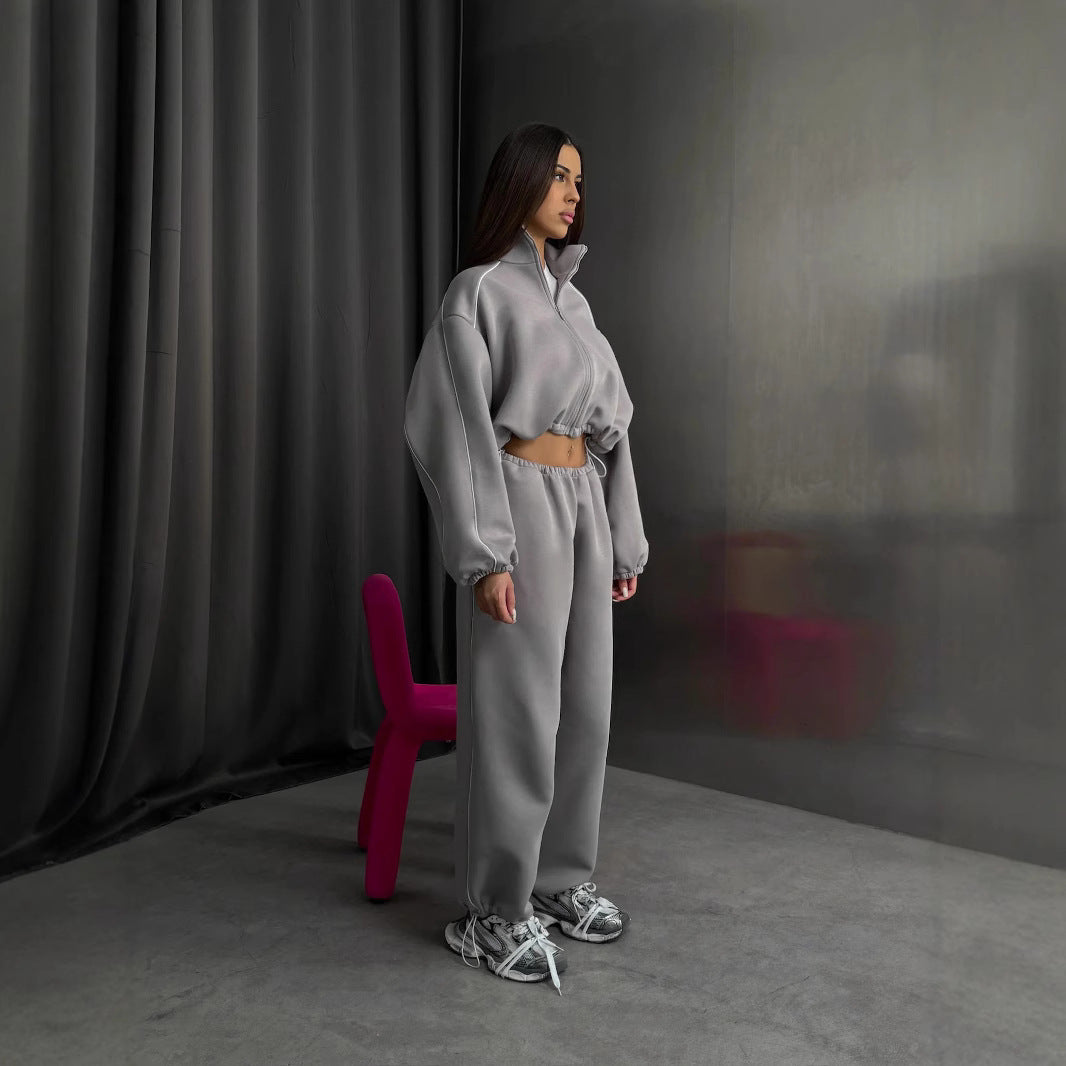 Damen oversized Sweatjacke mit hohem Kragen und elastischer Bundhose Drune