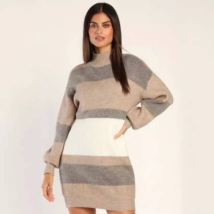 Damen Strickkleid mit modischem Rollkragen und Streifenmuster Drune