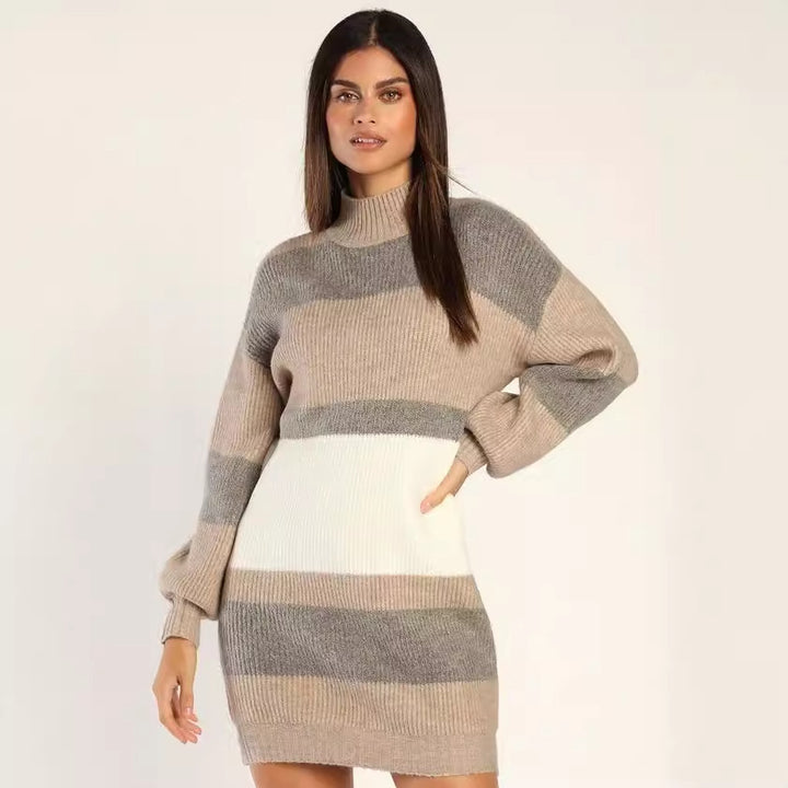 Damen Strickkleid mit modischem Rollkragen und Streifenmuster Drune