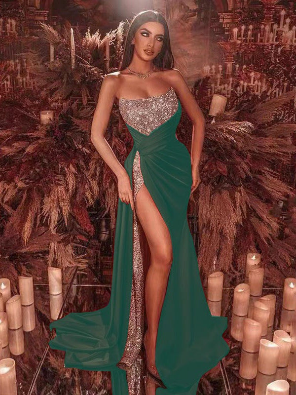 Damen Glamouröses Abendkleid mit schimmerndem Oberteil und verführerischem Schlitz Drune