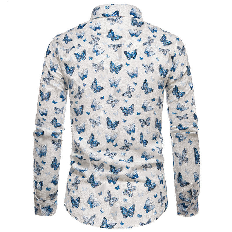 Herren Blumen Schmetterlingsdruck Langarmhemd Drune