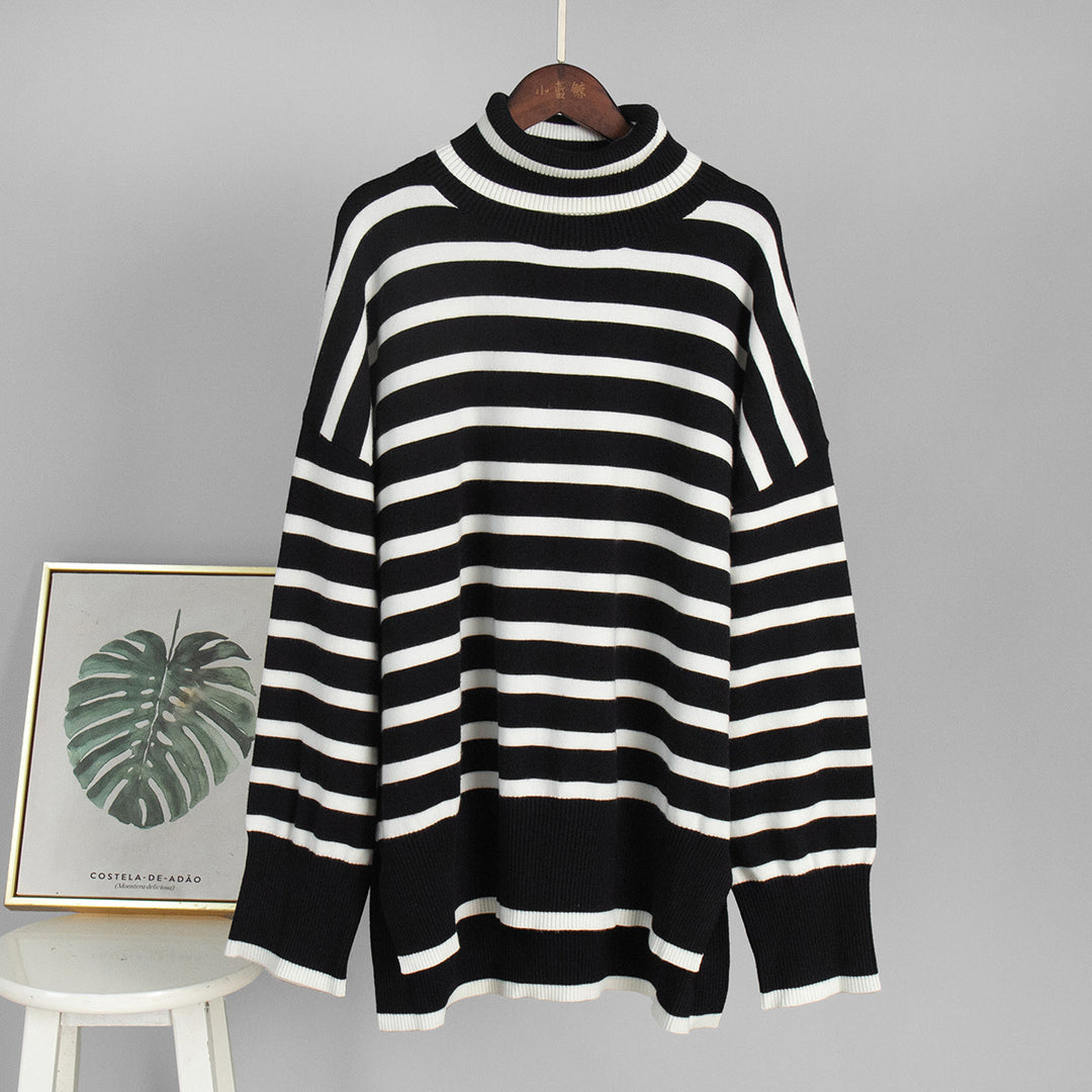 Damen modischer gestreifter Strickpullover mit Stehkragen Drune