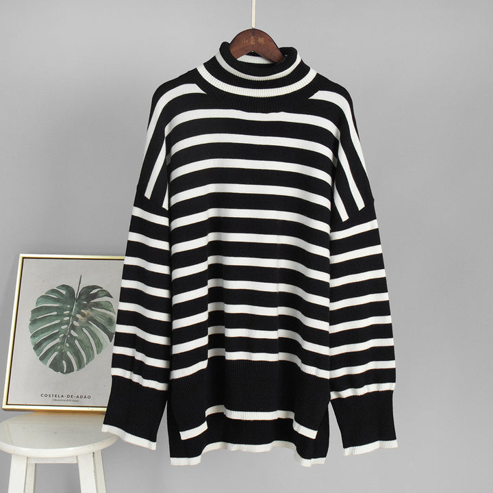 Damen modischer gestreifter Strickpullover mit Stehkragen Drune