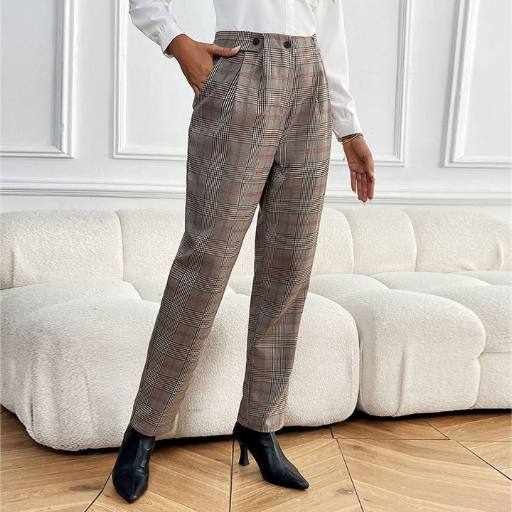 Damen Karierter Stoffhose mit eleganter Faltenlegung Drune