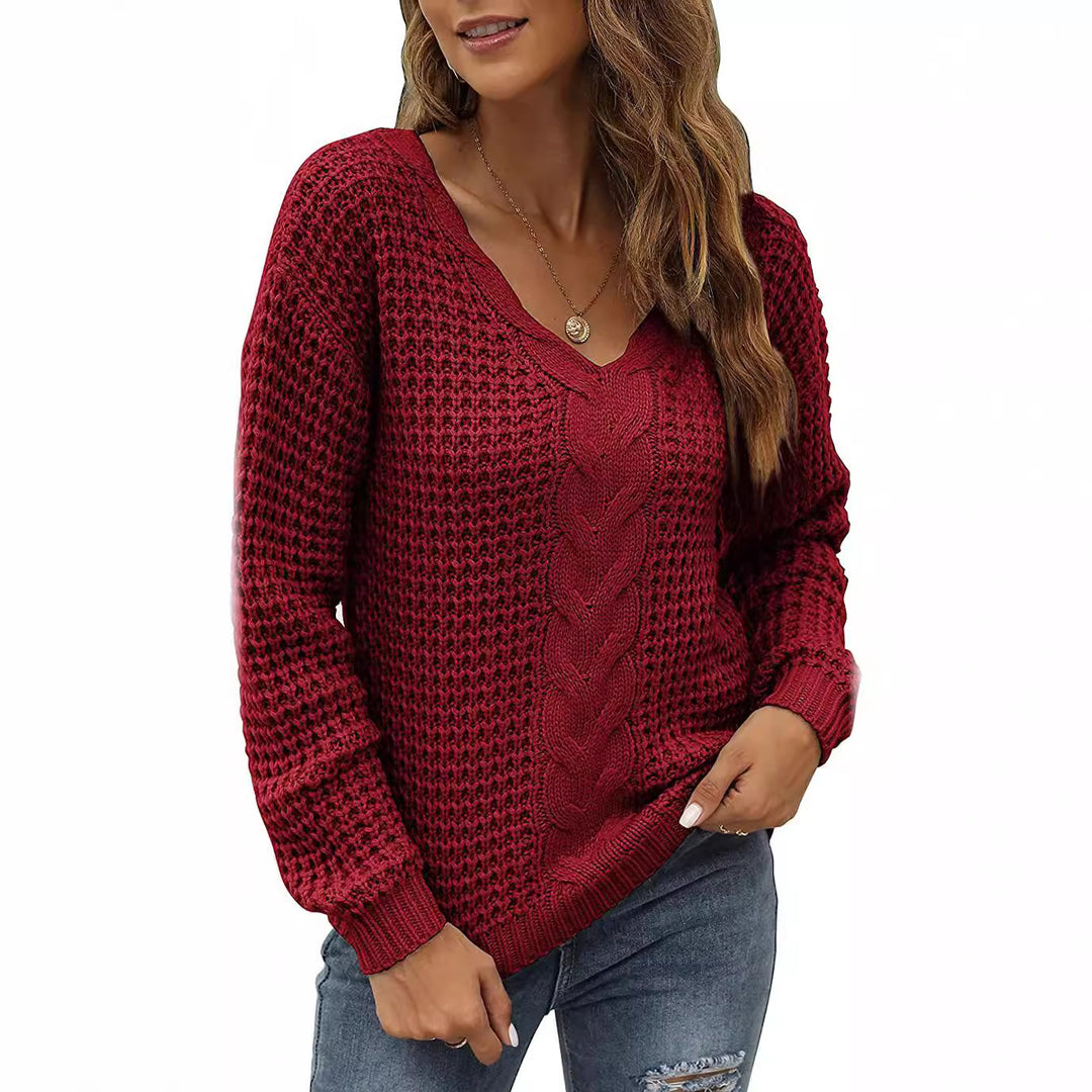 Damen lässiger Strickpullover mit tiefem V-Ausschnitt und detailliertem Zopfmuster Drune