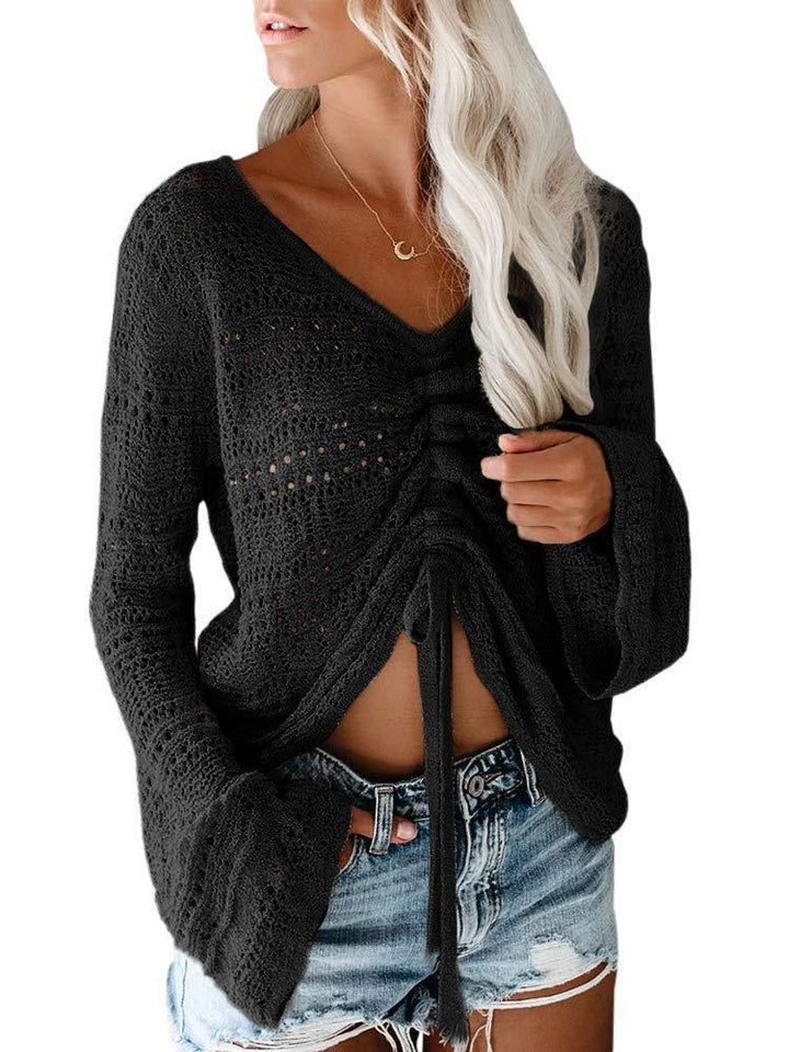 Damen angesagter V-Ausschnitt Pullover mit Raffung Drune