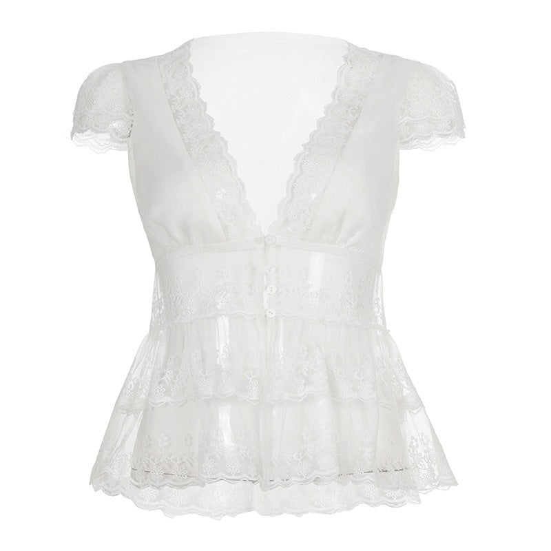 Damen Spitzenbluse mit Rüschendetails und tiefem V-Ausschnitt Drune