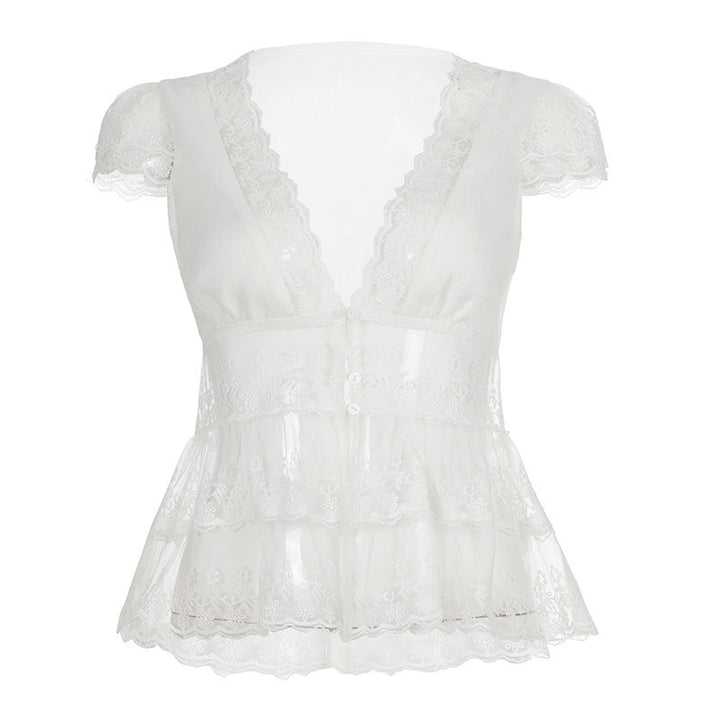 Damen Spitzenbluse mit Rüschendetails und tiefem V-Ausschnitt Drune