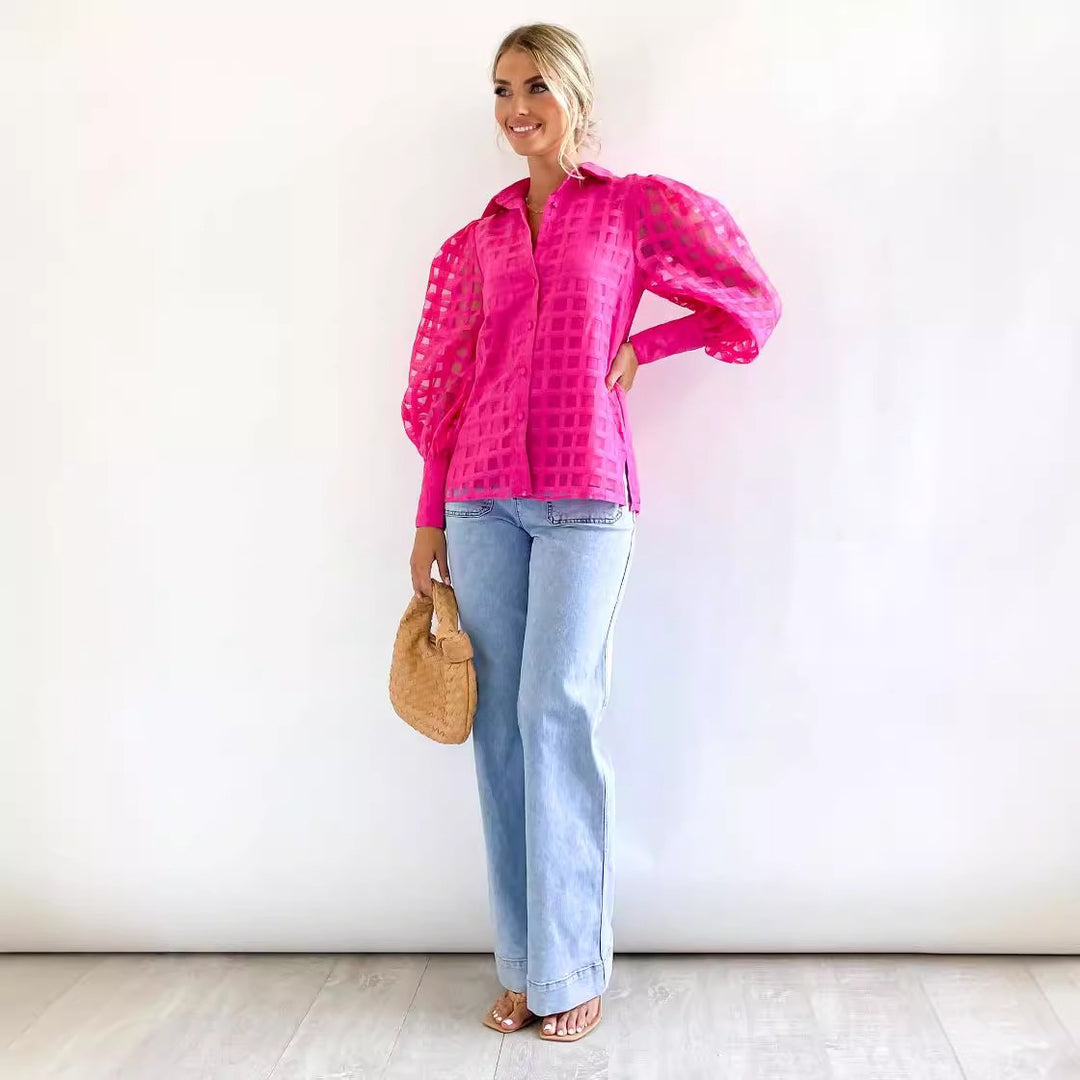 Damen Bluse mit Puffärmeln und Karomuster Drune