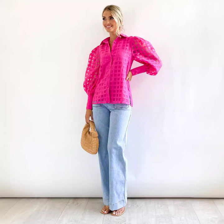 Damen Bluse mit Puffärmeln und Karomuster Drune